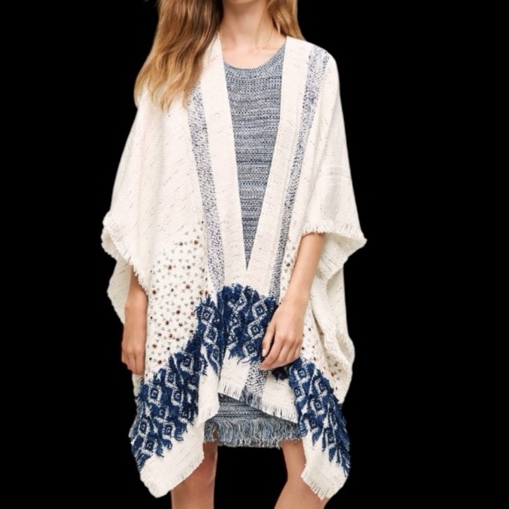 Anthropologie Caftan Poncho sweater Janette beaded blanket wrap boho chic